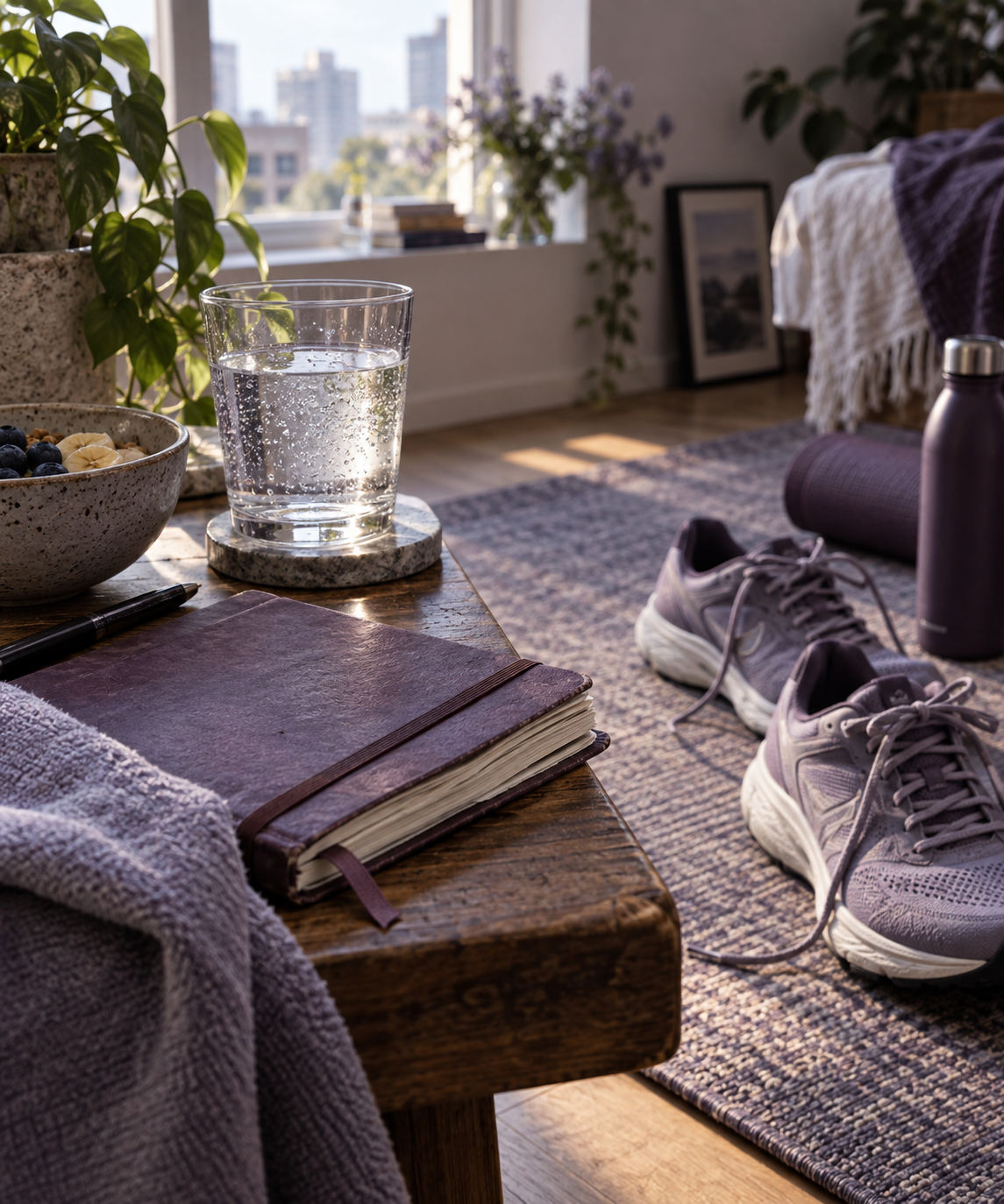 Cuaderno y zapatillas junto a una ventana tras una rutina matinal